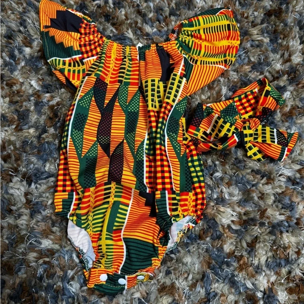 African Print Ruffle Baby Romper Set 0–3M Ankara Outfit + Headband